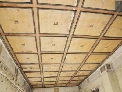 ...l�ampio salone con soffitto ligneo a cassettoni e formelle con volti umani...